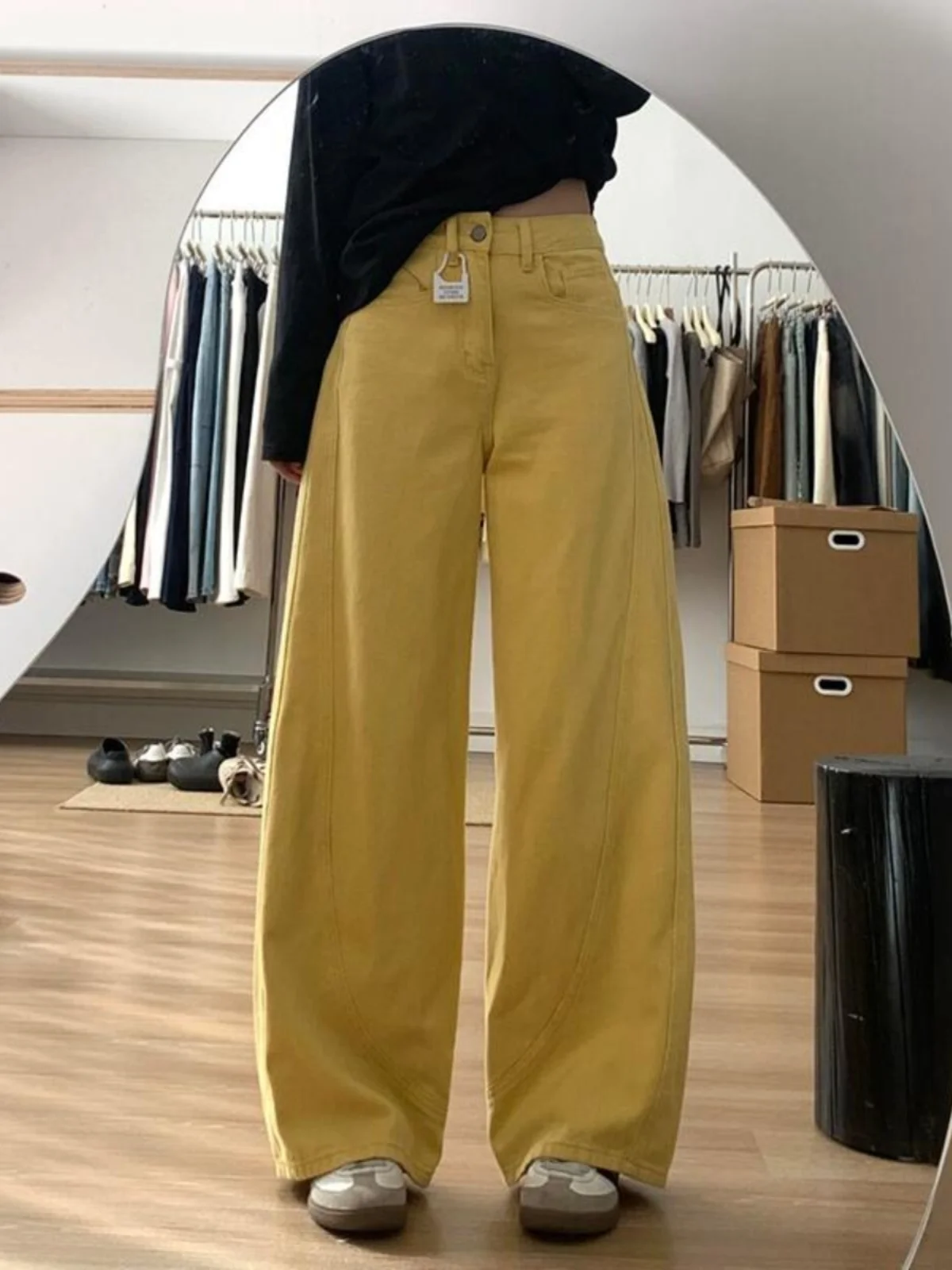 

Retro Waed Maple Le Yellow Wide Leg Jeans Women High Waist Loose Slim Straight Casual Long Trousers Trendy