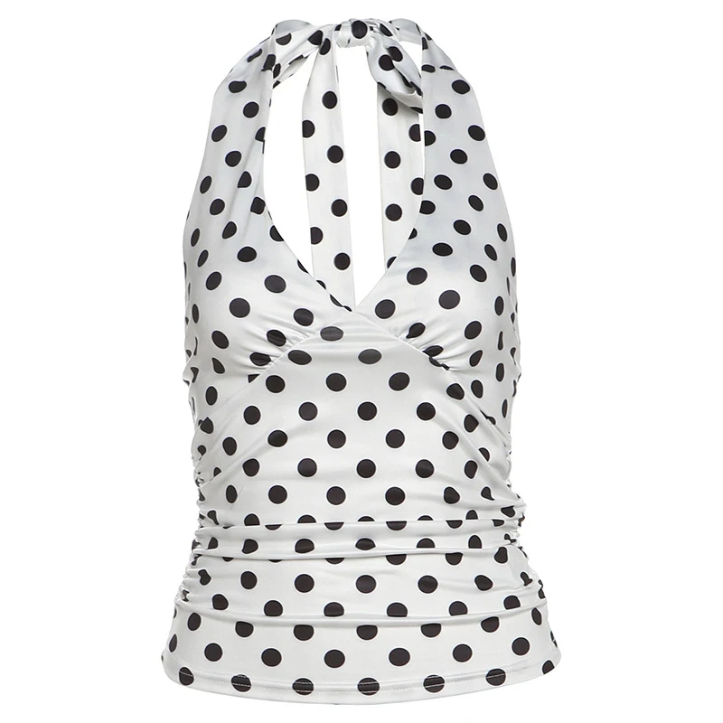 

Polka Dot Halter Tank Top V Neck Open Back Slim Fitted Crop Top Trendy Versatile Outerwear For Daily Street Party