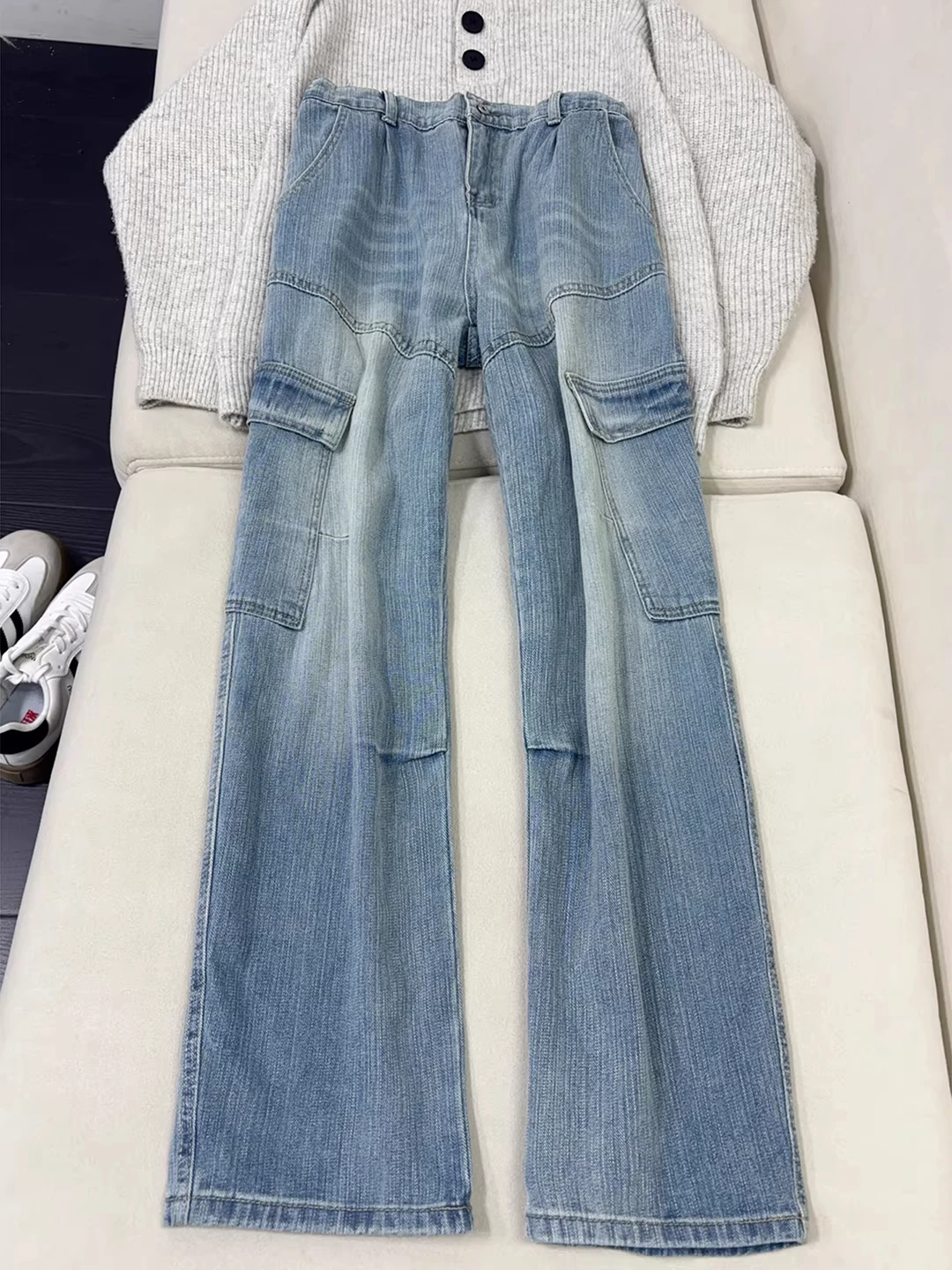 

Retro Bamboo Node Pattern Workwear Jeans Men's American Folded Splicing Design Straight Leg Wide Leg Pants Casual Sle