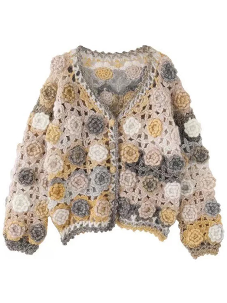 Frauen Regenbogen 3d Blumen Pullover Mantel Patchwork Hit Farbe Blumen gehäkelte Rosen gestrickte Strickjacke Strickwaren V-Ausschnitt Kapuzen