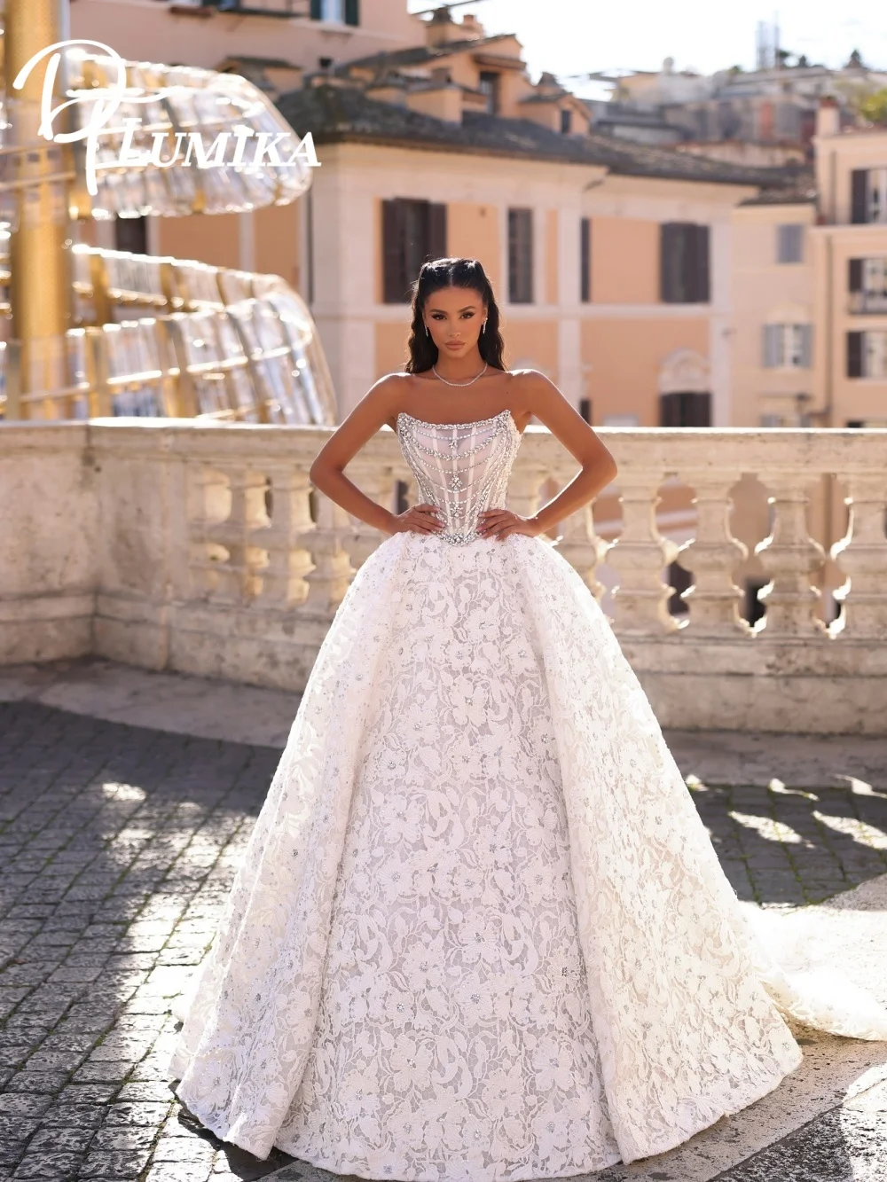 

Exquisite Strapless Crystal Bridal Dress 2026 Luxurious Floral Lace Applique Wedding Dress Fashion Bridal Gown Vestidos De Novia