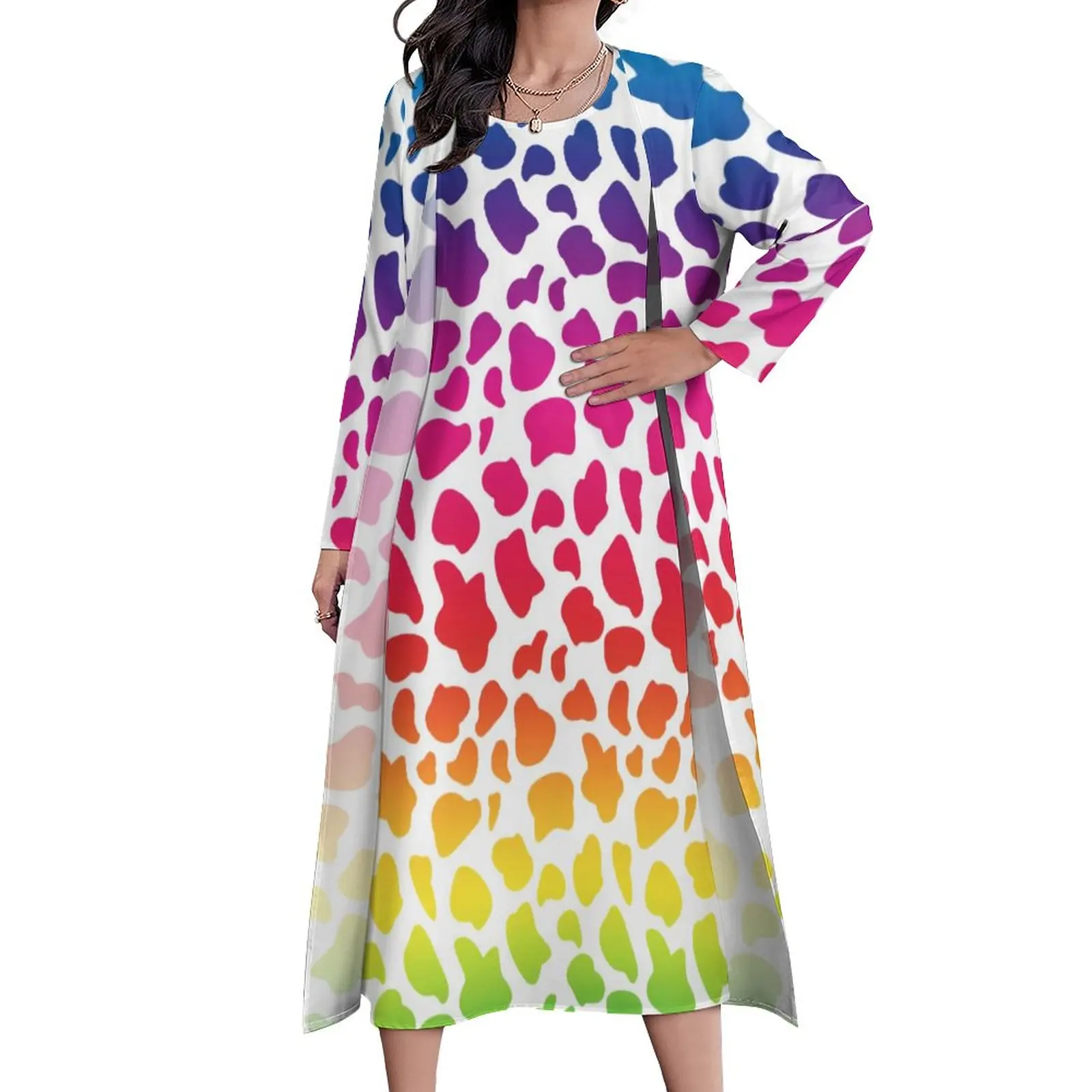 

Rainbow Cow Dress Funny Animal Print Modern Maxi Dress Streetwear Casual Long Dresses Female Two-Piece Pattern Oversize Clothes