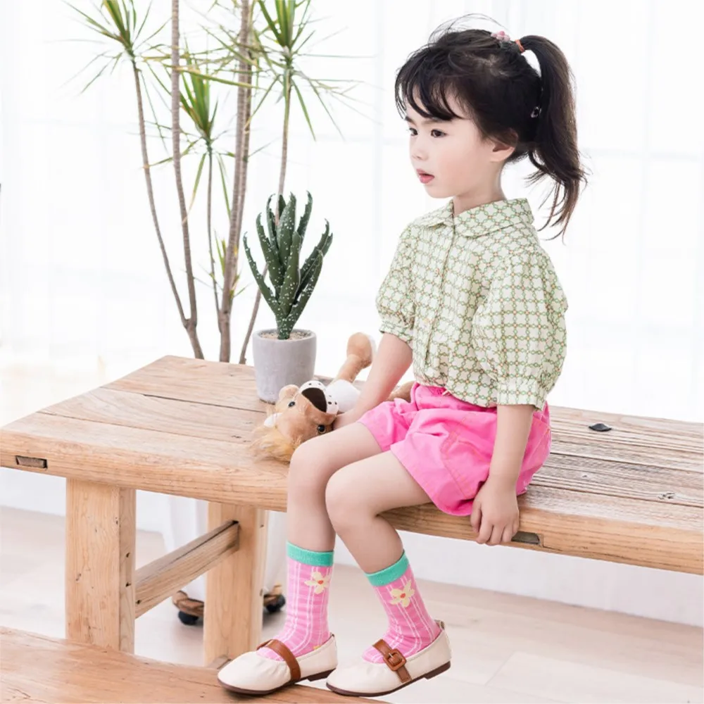 Children's socks lovely floral stockings girl fashion cartoon socks Toddler breathable cotton socks pink grid knee socks baby