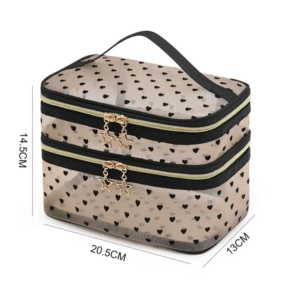 Portable Nylon Makeup Bag Double-layers Large Capacity Travel Cosmetic Bag Black Grey Nude Mesh Makeup Case Travel