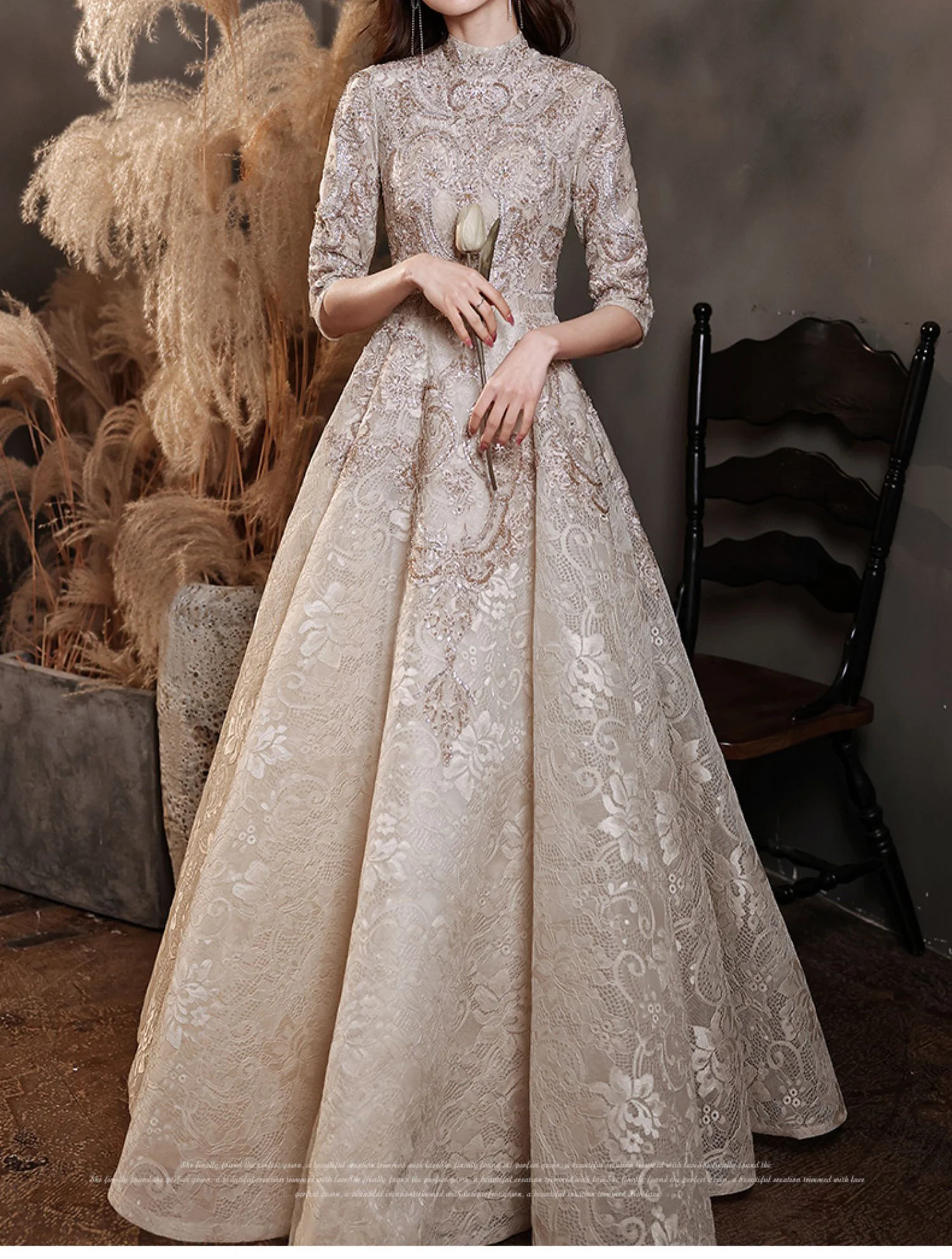 Luxury Champagne Lace Long Evening Dresses Half Sleeves Beaded Elegant Formal High Neck A-Line Wedding Celebrity Prom Gowns New