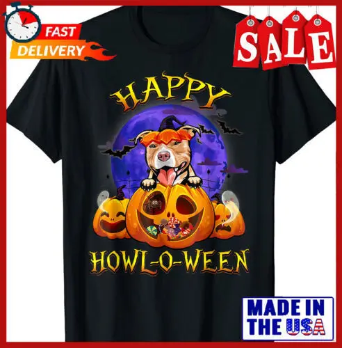 

Happy Halloween Pitbull With Moon Pumpkin Dog Lover T-Shirt Size S-5XL