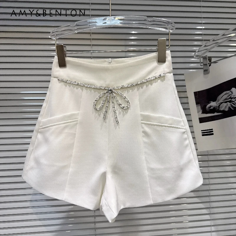 

French Heavy Industry Rhinestone Bow Design Women's Clothing 2026 Summer Solid Color Temperament Versatile Suit Shorts Ladies