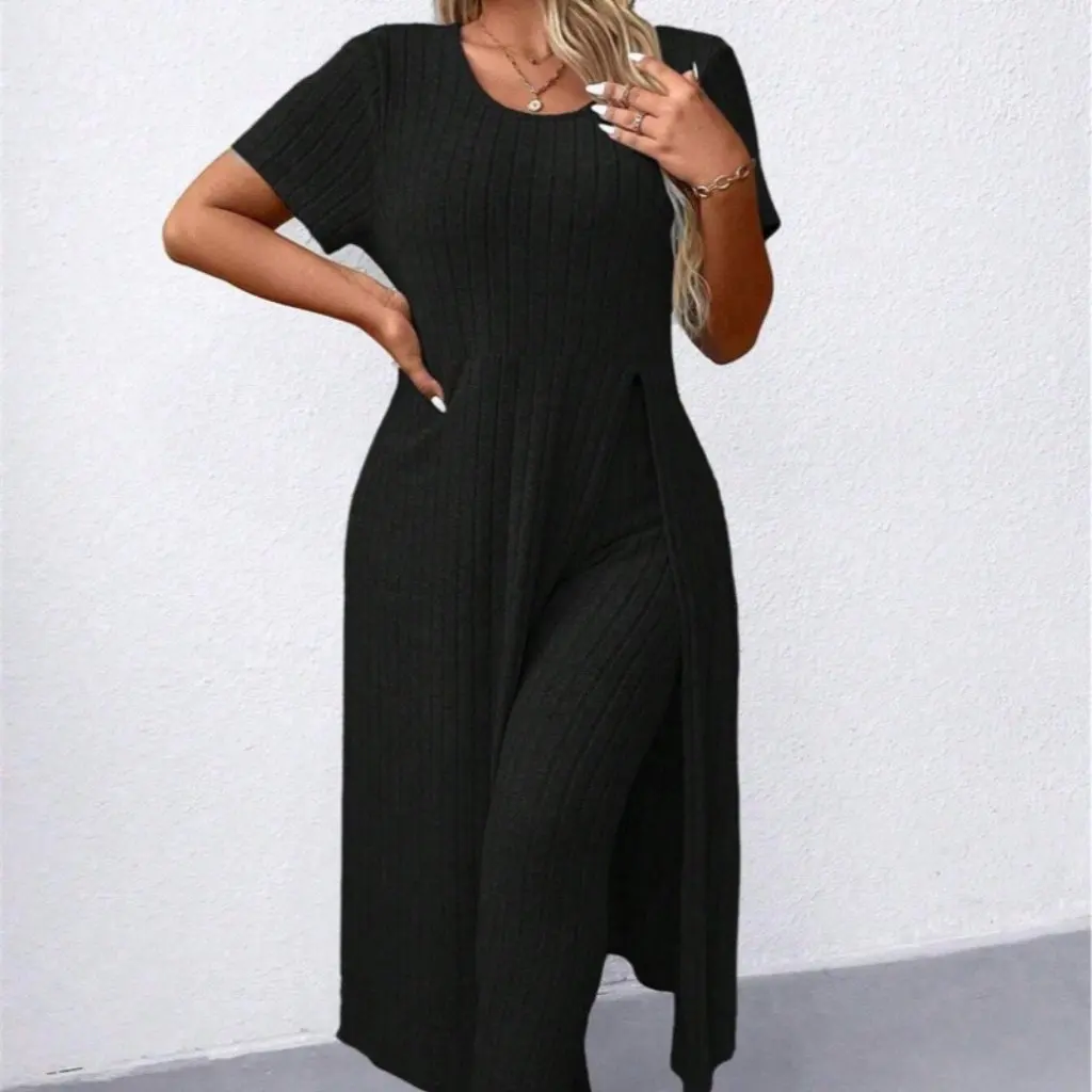 

Весенне-осенний новый модный повседневный костюм с коротким рукавом и разрезом, юбка и брюки, женский комплект в европейском и американском стиле