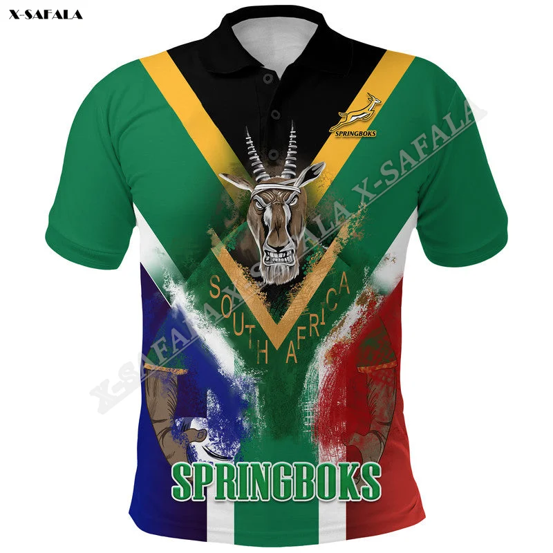 South Africa Springboks Rugby Bokke Flag  3D Printed For Men Adult Polo Shirt Collar Short Sleeve Top Tee Breathable Anti Shrink