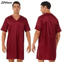 Men Satin Sleepwear V Neck Short Sleeve Nightgown Nightclothes Homewear Sides Split Nightwear