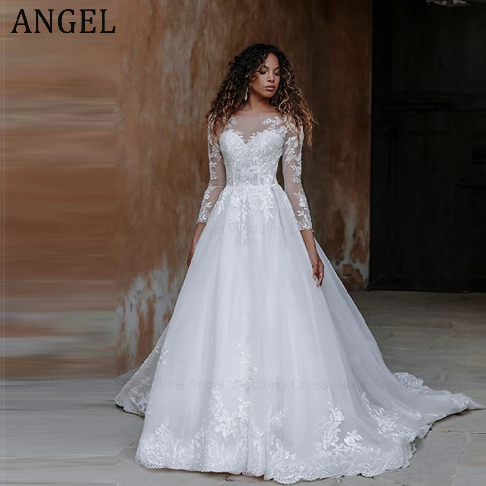 ANGEL Luxury Wedding Dresses For Bride 2024 Long Sleeves O-Neck Lace Applique Brdie Gowns Tulle A-Line Vestidos De Novia