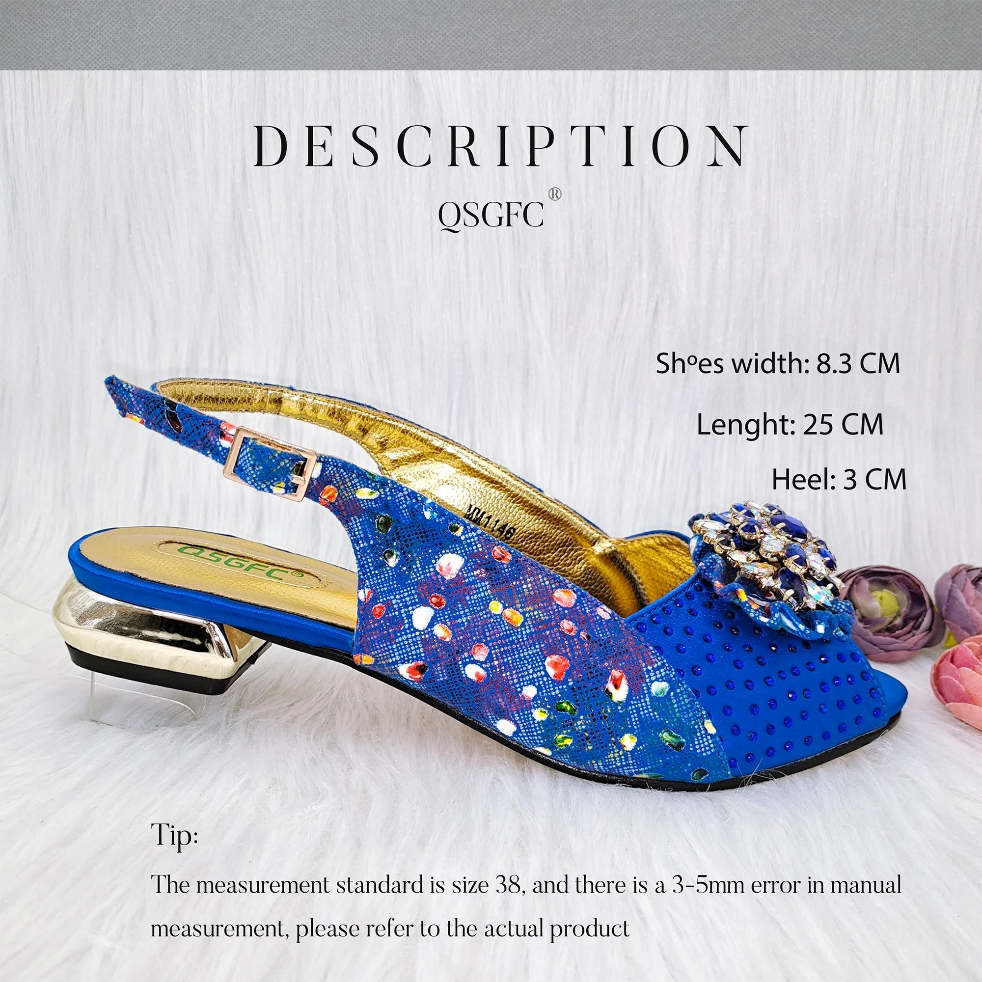 QSGFC The latest INS Style All-match French Open-toe Rhinestone Stiletto Low Heel Shoes Royal blue Color Women\'s Shoes And Bags