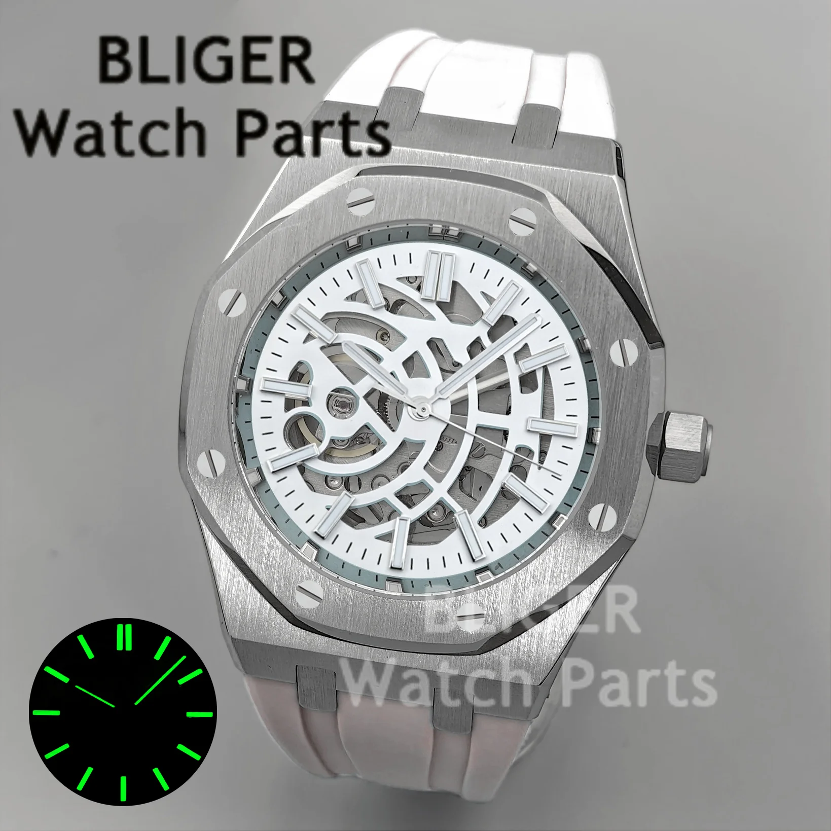 BLIGER 41 مللي متر NH70 ساعة ميكانيكية أوتوماتيكية مجوفة الهاتفي الياقوت الزجاج C3 مضيئة المطاط حزام الصلب الغوص ساعة للرجال