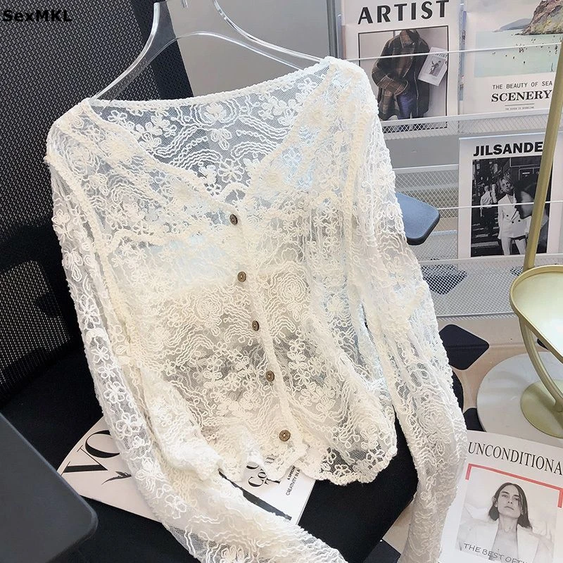 

Vintage Summer Lace Sun Shirts Women White Blouses 2026 See Through Long Sleeve Y2k Clothes Casual Hollow Out Ladies Crop Tops