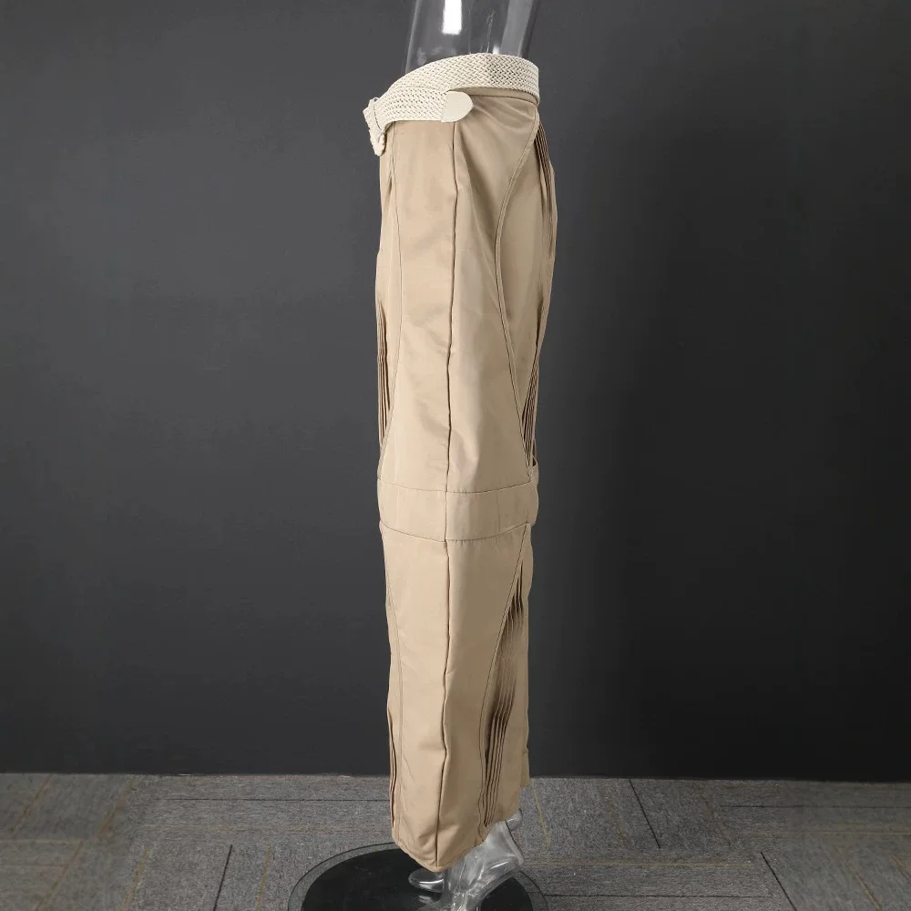 SuperAen Khaki-colored Folds Design Flowered Full Length Wide-leg Pants 2026 Autumn New High Waistband Braided Belt Loose Pants