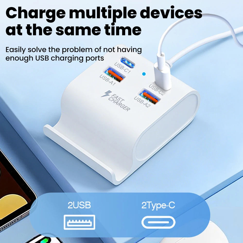 4-in-1 USB Power Strip Extension Socket USB Type C Power Outlet Multi-port Docking Station Extension Phone Holder 2PD+2QC HUB