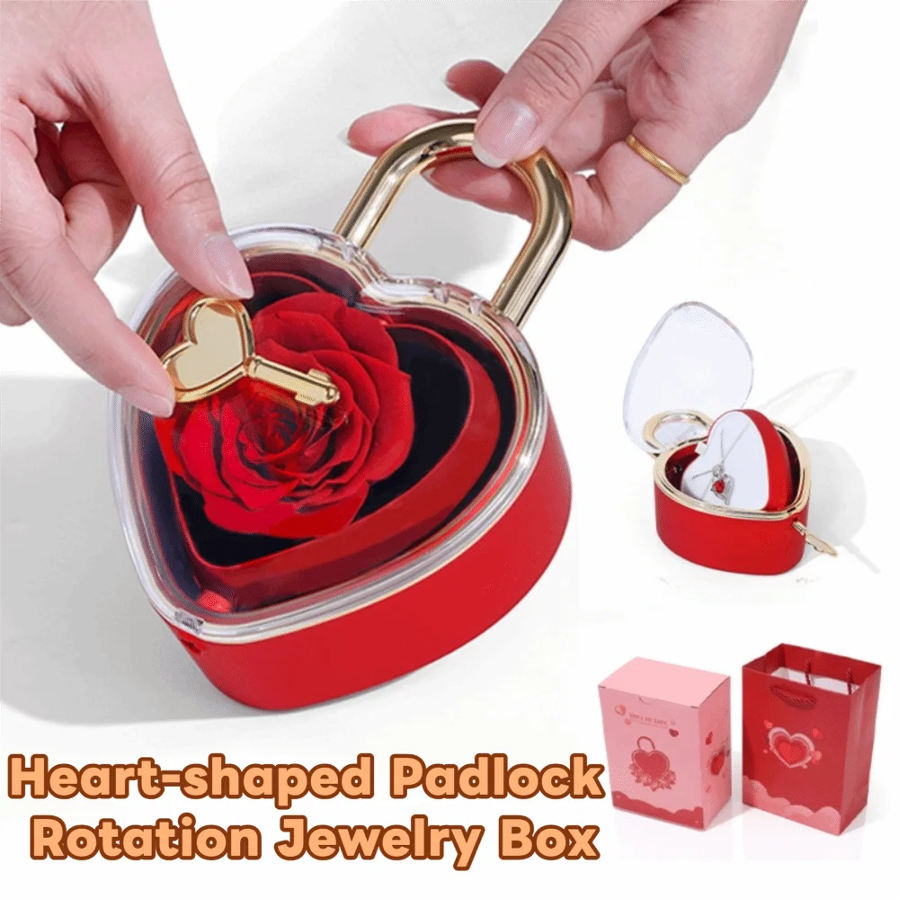 Rotation Heart-shaped Padlock Jewelry Box Luxury Soap Rose Flower Finger Ring Box Dustproof Organizer Valentine's Day Gift Box