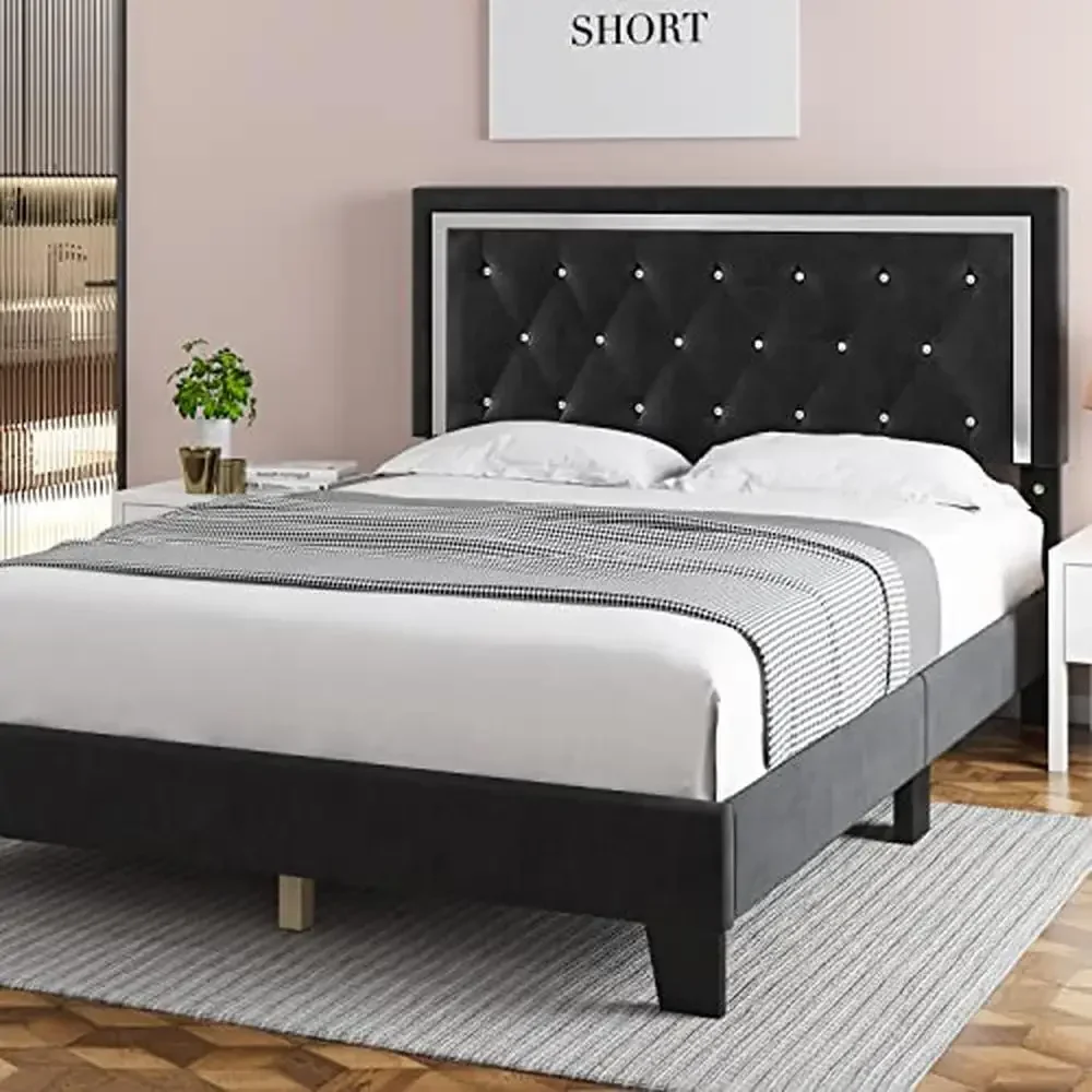 Upholstered Queen Bed Frame Modern Style Adjustable Headboard Wooden Platform Sturdy Construction No Box Spring Needed Quiet