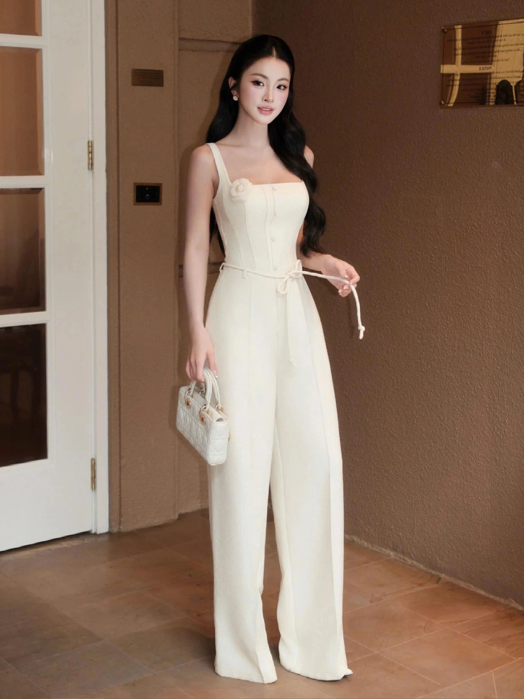 

Elegant Women's One-Piece Dress Pants Unique Strap Vest Sexy Lady Fragrance Style Long Pants High Waist Wide Leg Commute