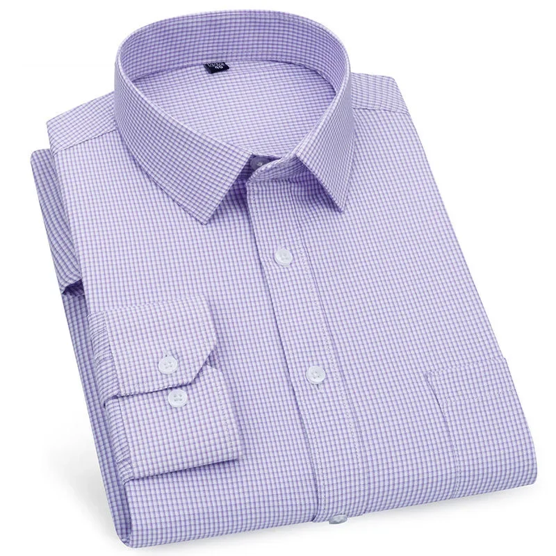 High Quality Mens Business Casual Long Sleeved Shirt Classic Striped Checked  Male Social Dress Shirts Purple Blue Cheap