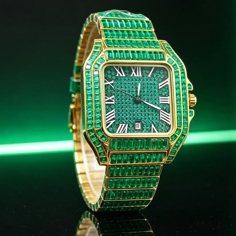 Green Ice Out Hot Selling High Quality Luxurious Square Diamond Quartz Watch Men Hip Hop Top Fashion Steel Watches AAA Clock