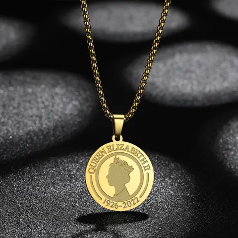 Kinitial Stainless Steel Queen Elizabeth II Commemorate Pendant Necklace For Women Men Party Birthday Jewelry