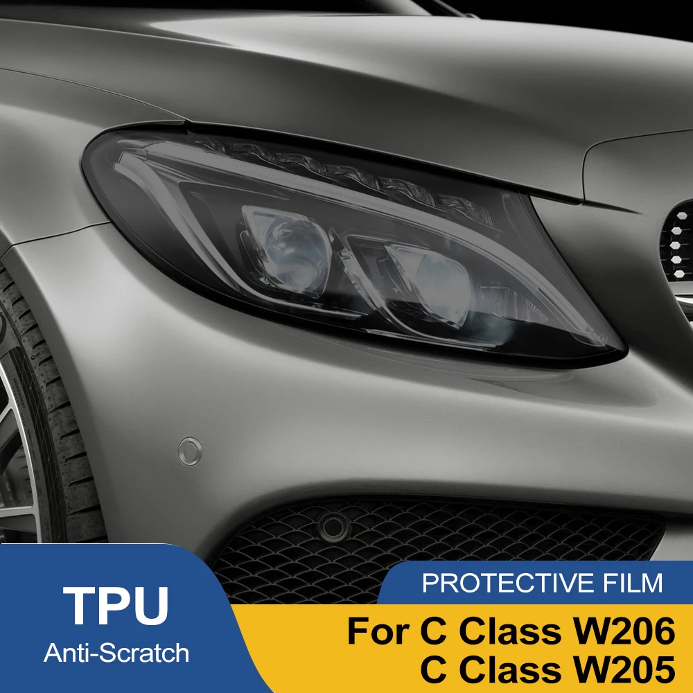 For Mercedes Benz C Class W205 W206 2015-2025 TPU Car Headlight Protective Film PPF Smoke Black Pre Cut Anti-Scratch Vinyl Film view 2