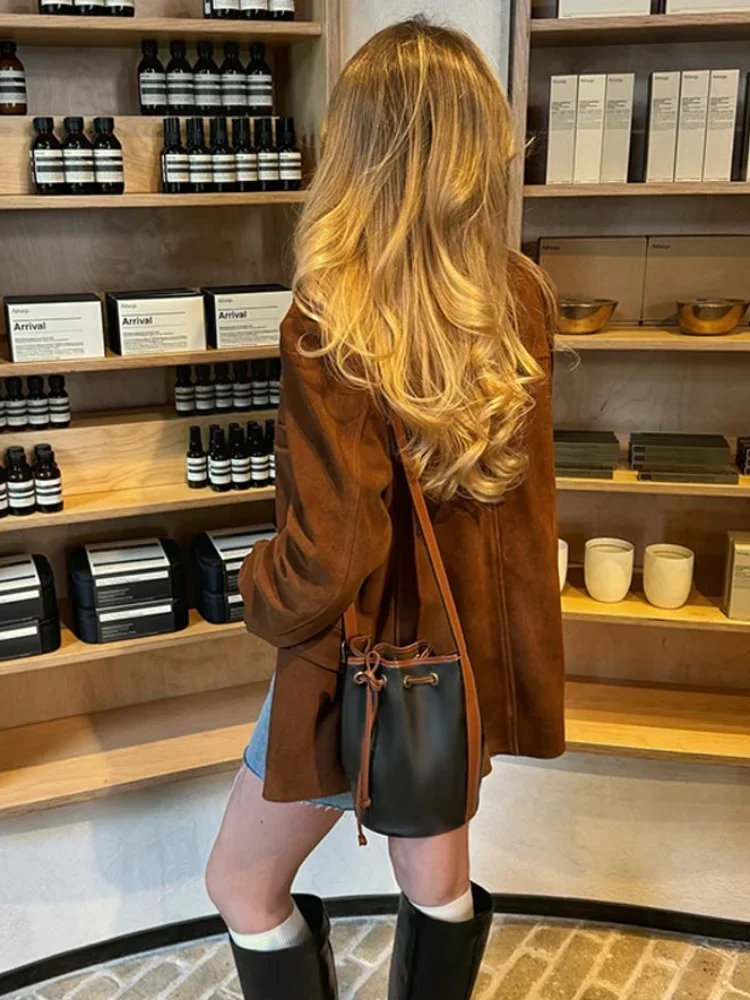 Fashion Brown Women's Lapel Jacket With Pocket New Vintage Single Breasted Long Sleeve Slim Fit Coat Autumn Lady Streeet Outwear