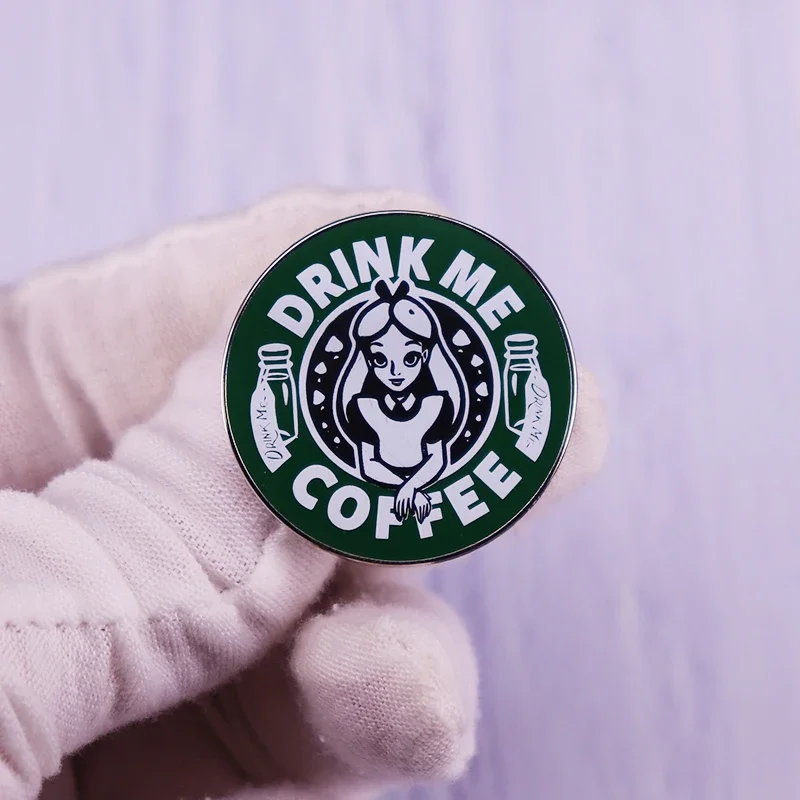Drink Me Coffee Pin Badge Alice In Wonderland Button Brooch Fashion Jewelry Decor