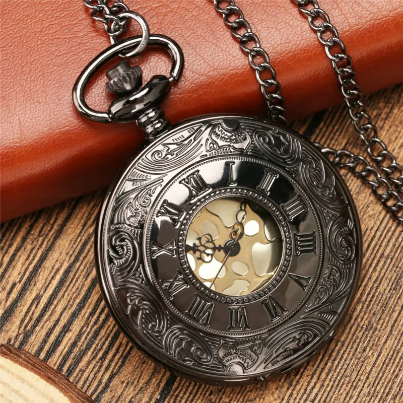 Vintage Style Clock Engraved Roman Number Cover Men Women Quartz Pocket Watch Necklace Chain Clock Half Hunter Timepiece Gifts