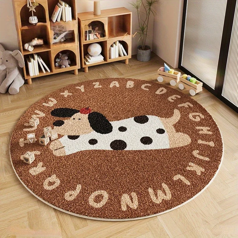 VIKAMA Round Spotted Puppy Floor Mat Alphabet Letter Border Print Thick Plush Non‑slip Kids Play Rug For Nursery Bedroom Decor