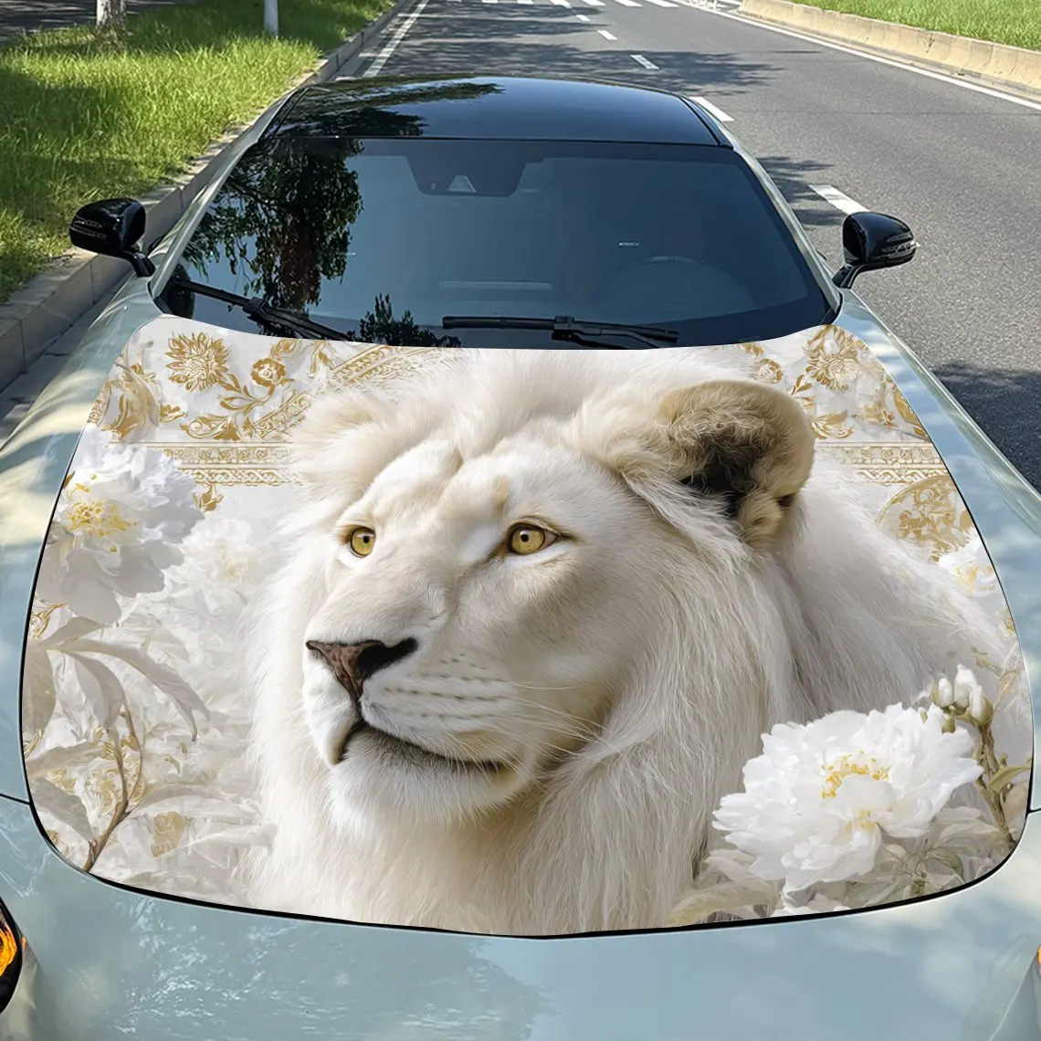 

White Flower And White Lion Car Hood Vinyl Wraps Sticker, PVC Waterproof Car Bonnet Decals, Self-Adhesive Scratch-Resistant Stic