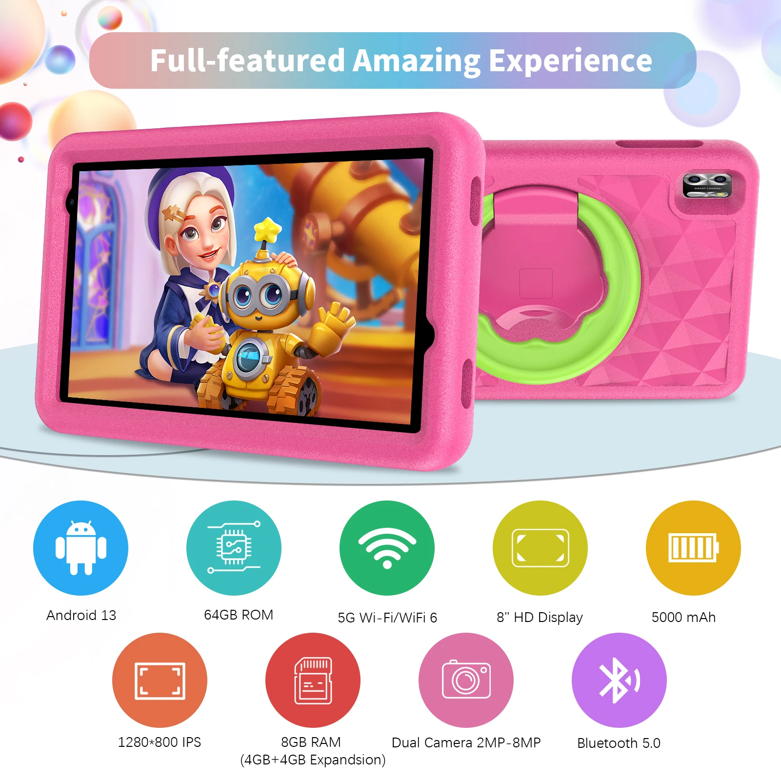 Vasoun Kids Tablet 8 Inch, Android 13 Quad Core, 8Gb (4 + 4 Expansie) Ram + 64Gb Rom, 5000Mah, Dubbele Camera, Wifi, Ouderlijk Toezicht