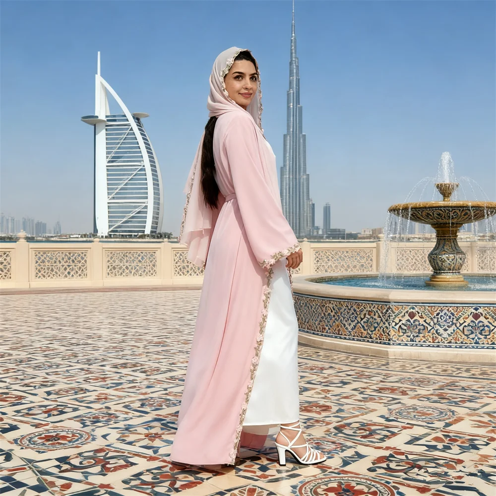 ชุดเดรสแบบเปิดสไตล์ดูไบสำหรับผู้หญิงมุสลิม ฮิญาบ ชุดคลุมแบบตุรกี คาฟตัน ชุดคลุมสำหรับเดือนรอมฎอน คิโมโน คาร์ดิแกน เคบายา คาฟตัน ชุดคลุมสตรี อิสลาม จาลาบียะห์ ชุดยาว