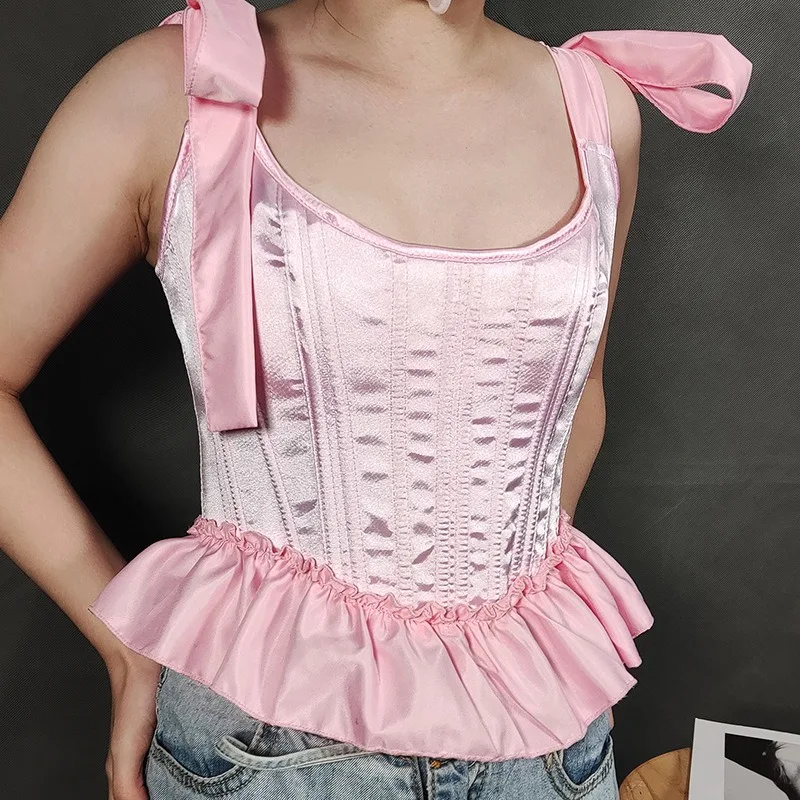 Women Waist Trainer Corset with Bow Straps Lace Trim Bustier Side Zipper Vest for Body Shaping