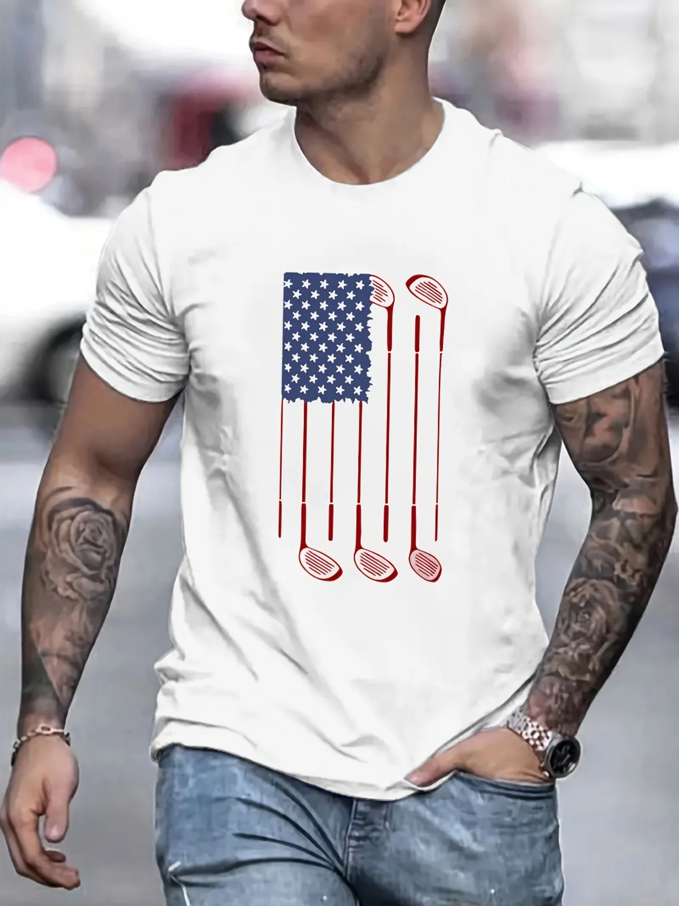 Summer New Men'S Casual Fashion Trendy Short Sleeve Print Micro-Elastic Ribbed Round Neck Comfortable Breathable T-Shirt