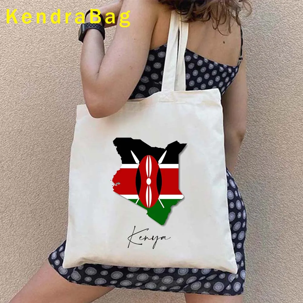 Kenya Coat of Arms Flag Map Retro Giraffe Kenya Landscape Kenyan Girl Love Heart Canvas Shoulder Tote Bag Shopper Cotton Handbag