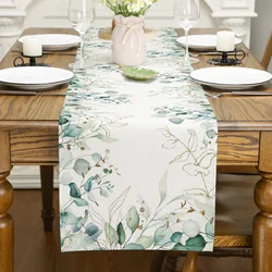 Camino de mesa de lino con hojas de eucalipto verde de primavera, decoraciones para fiestas navideñas, mantel de comedor lavable para decoración de cocina y habitación