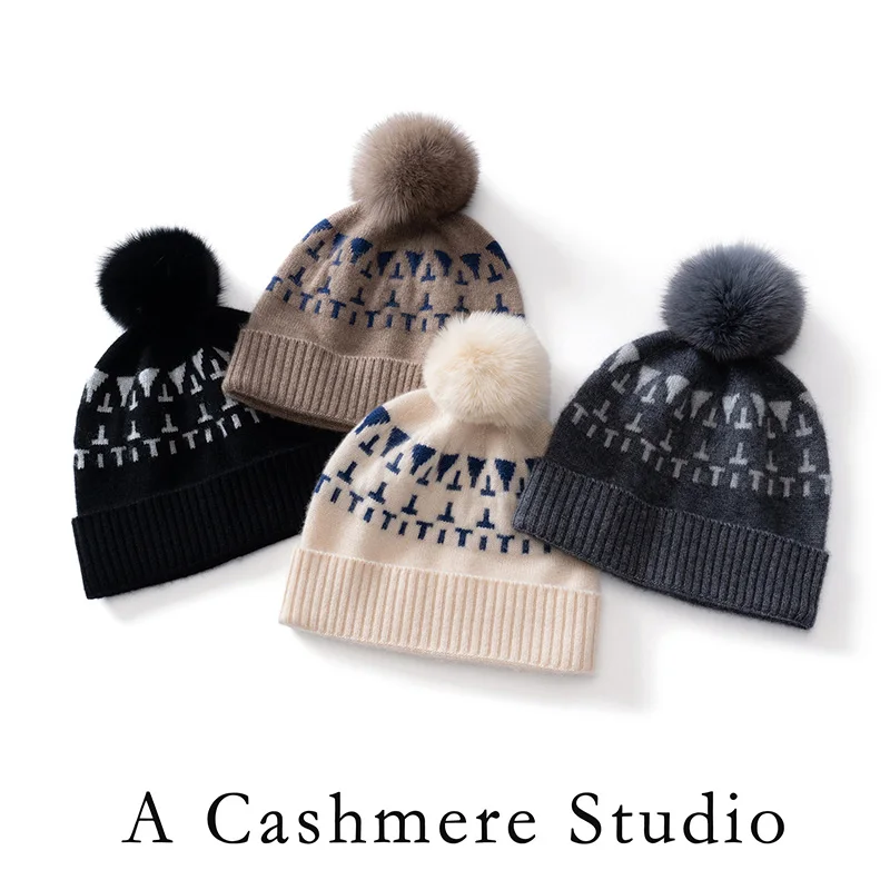 Winter New High-Quality 100% Cashmere Knitted Jacquard Striped Cashmere Hat Fur Ball Hat Padded leisure Cashmere Warm Hat