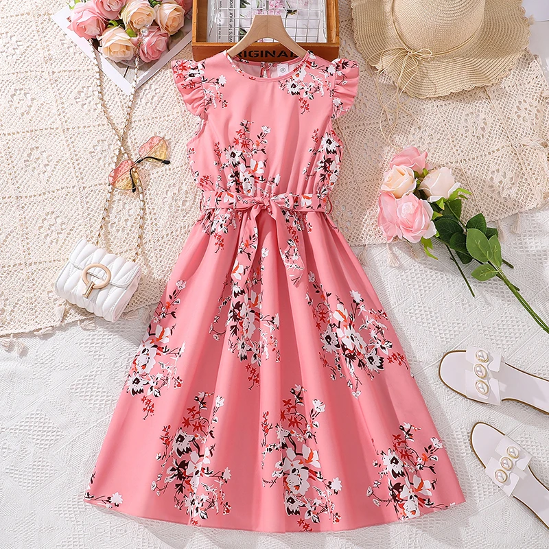 Kids Dress For Girls 8-12 Years Pink Sleeveless Printed Pleated Dress & Belt For Girls Sweet Style Birthday Party Princess Dress