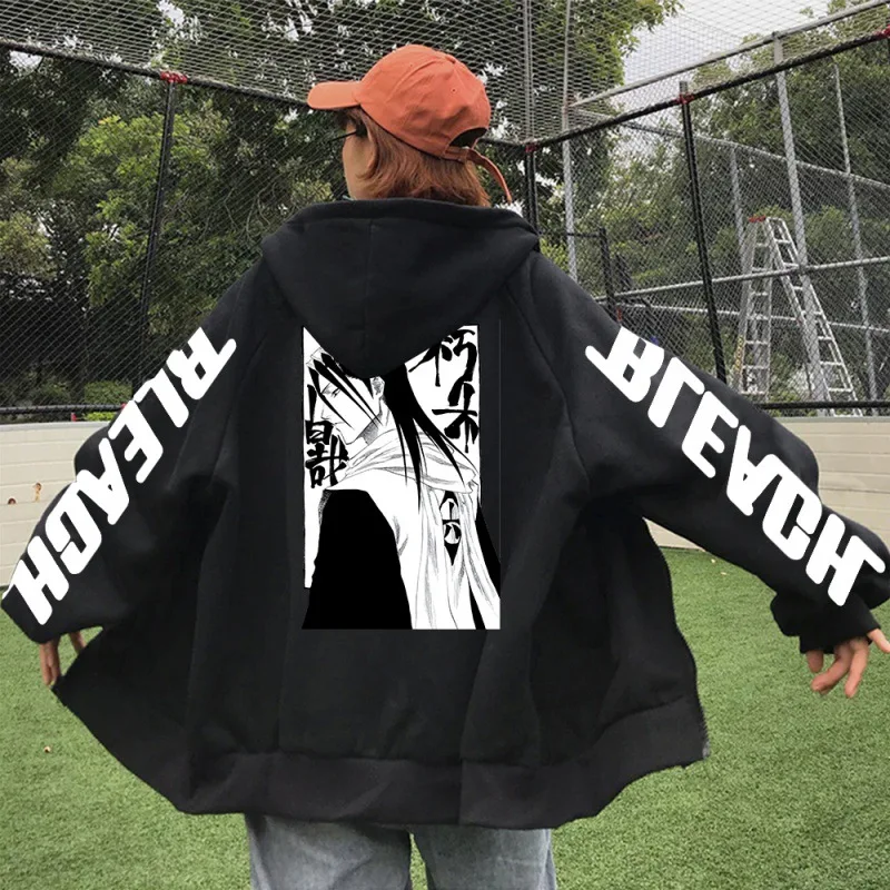 Harajuku Anime Bleach Kuchiki Byakuya Graphic Print Hooded Men Women Classic Zipper Hoodies Comfortable Sweatshirt Zip Up Jacket