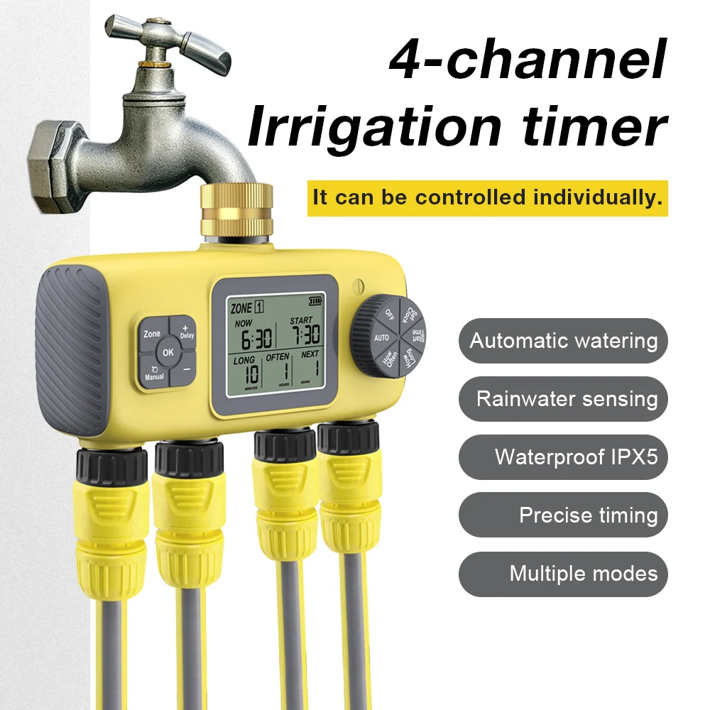 Automatic Watering System Irrigation Timer Brass Inlet IPX5 Waterproof Rain Delay Garden Water Controller LCD Display 2-4-Outlet