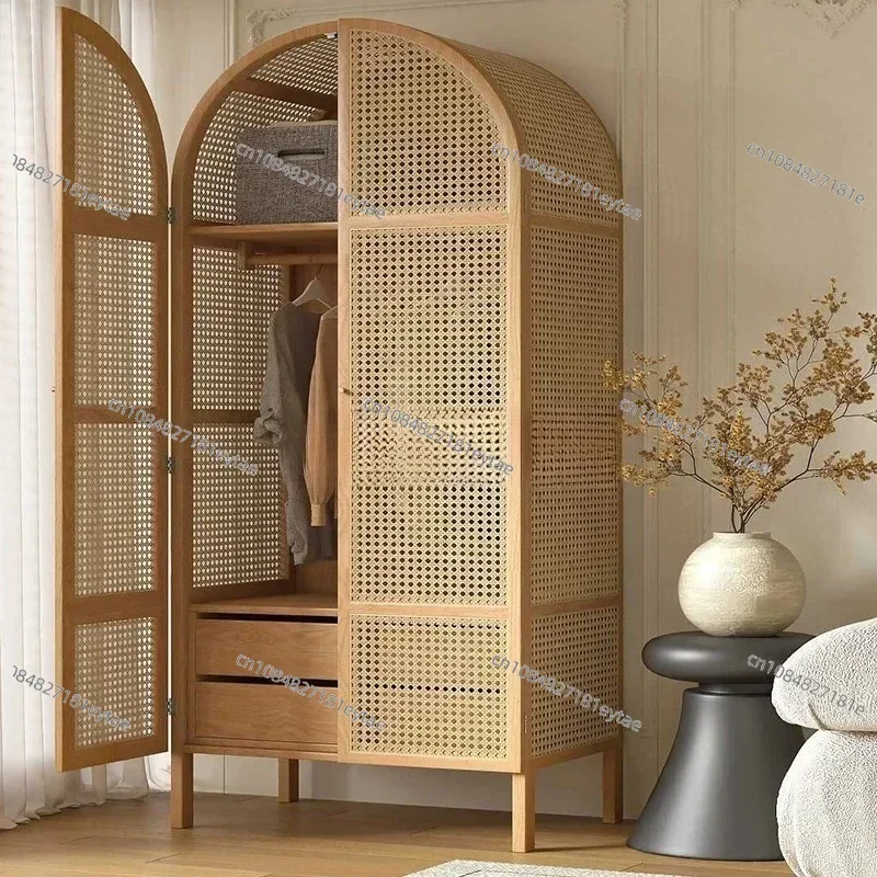 Rustic Rattan Woven Double Door Wardrobe Vintage No Install Floor Cabinet