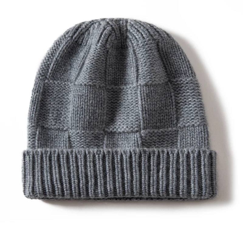 KOIJINSKY Women Autumn Winter 35% Cashmere 65% Merino Wool Knitted Beanie 3D Checkered Grid Texture Elastic Fold Rib Brim Warm W