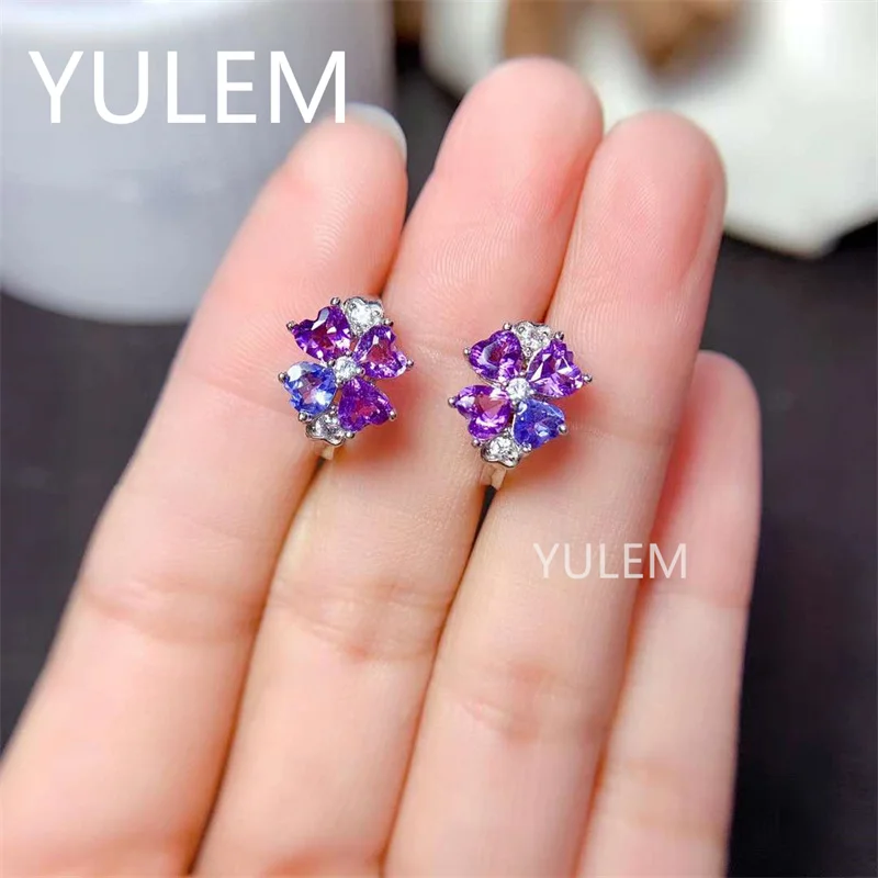 Luxurious Long Sun Flower Natural Blue Tanzanite and amethyst Ear Clip Drop Earrings 925 Silver Natural Gemstone Earrings Women view 3
