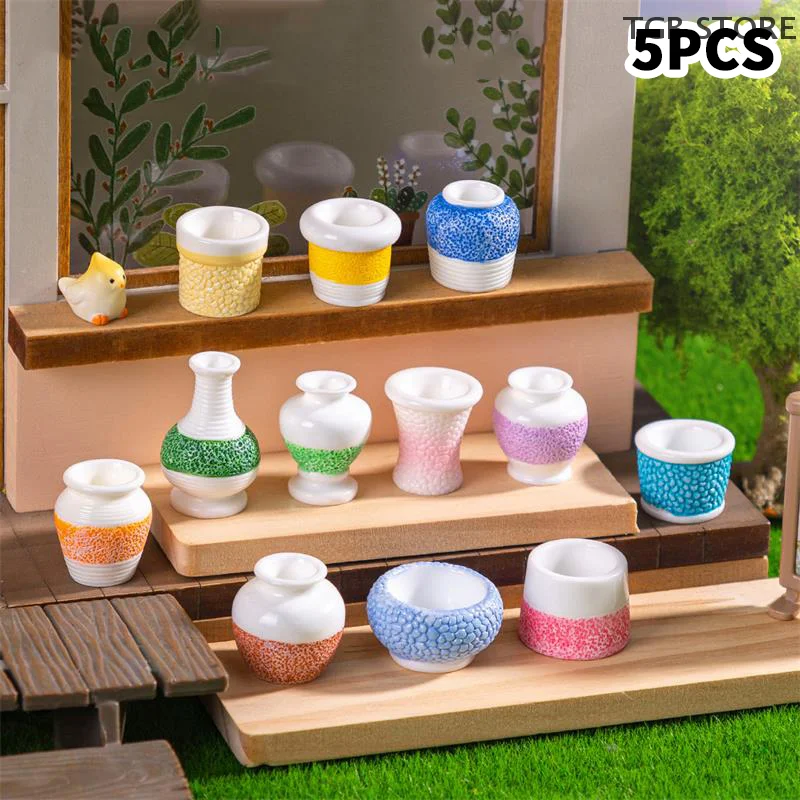 Juguete en miniatura para casa de muñecas, jarrón con estampado colorido, decoración artesanal para el hogar, juguete para juego para niños, Micro adornos para paisajismo, regalos, 5 uds.