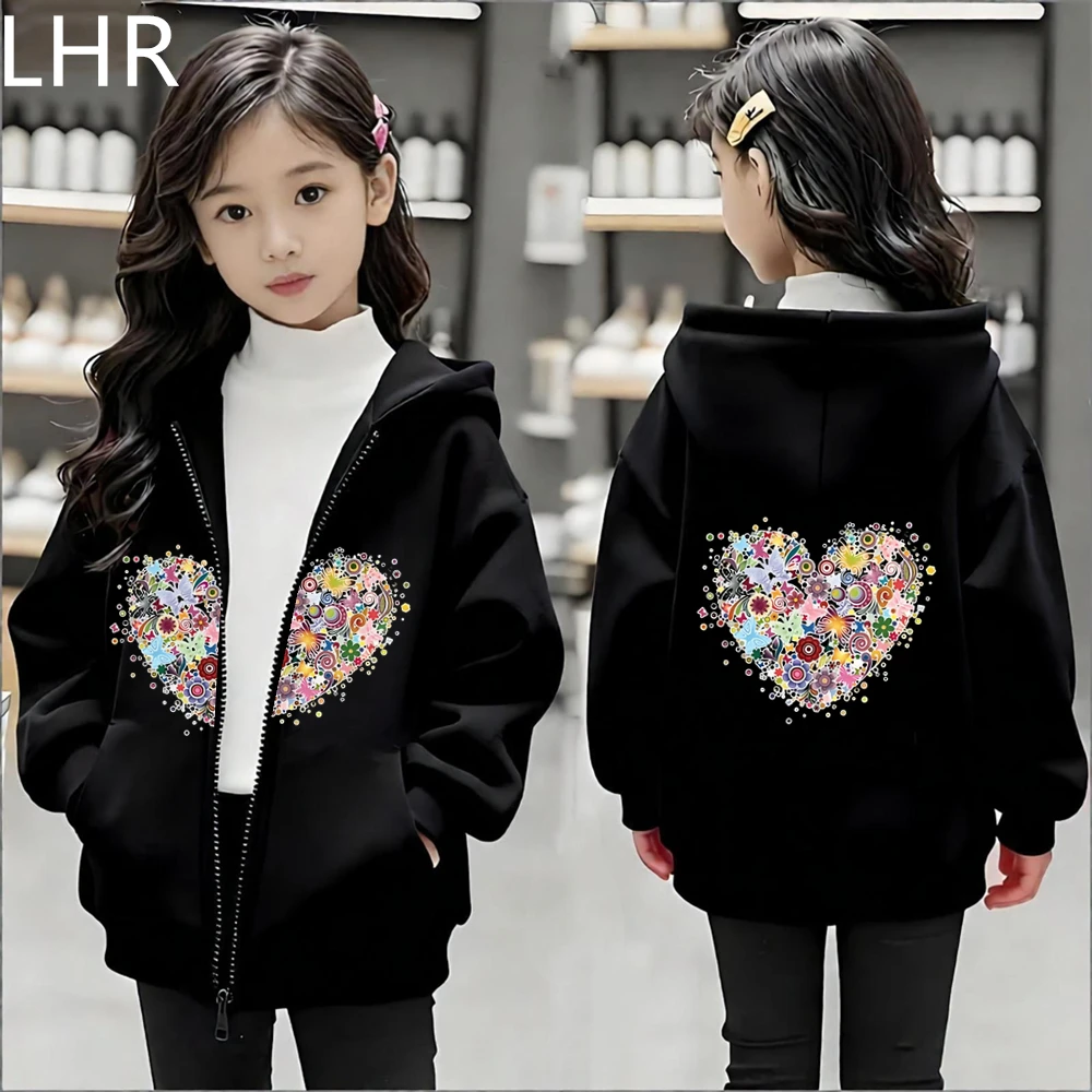 Girl Pink Coat Children's Hoodie 3-12 Years Zip Up Tops Black Outdoors Long Sleeve Heart-Shaped Print Pattern Boy Clothing