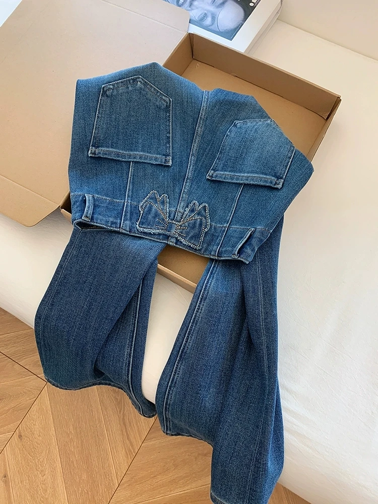 Amerykańskie Retro Spodnie Dżinsowe z Kokardą w Kolorze Niebieskim, Rozszerzane, Damskie, Casualowe, Dopasowane, z Wysokim Stanem, Jesienne, Nowe Modne Spodnie Jeansowe Damskie