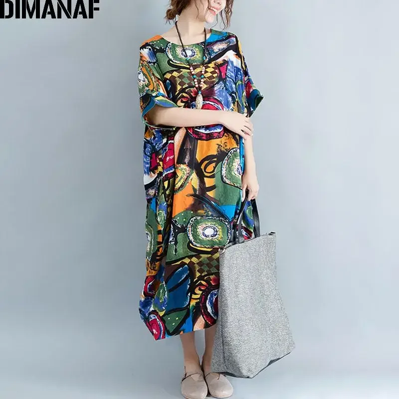 DIMANAF 2024 Plus Size Dress Women Summer Beach Print Vintage Cotton Maxi Dress Casual Oversize Lady Long Dresses Green