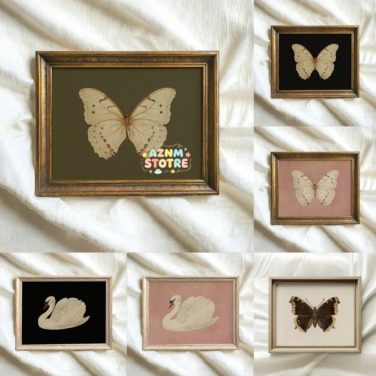 (2D Canvas Painting)  White Butterfly White Swan Animal Canvas Print Dark Moody Insect Antique Moth Wall Art Poster for Moder